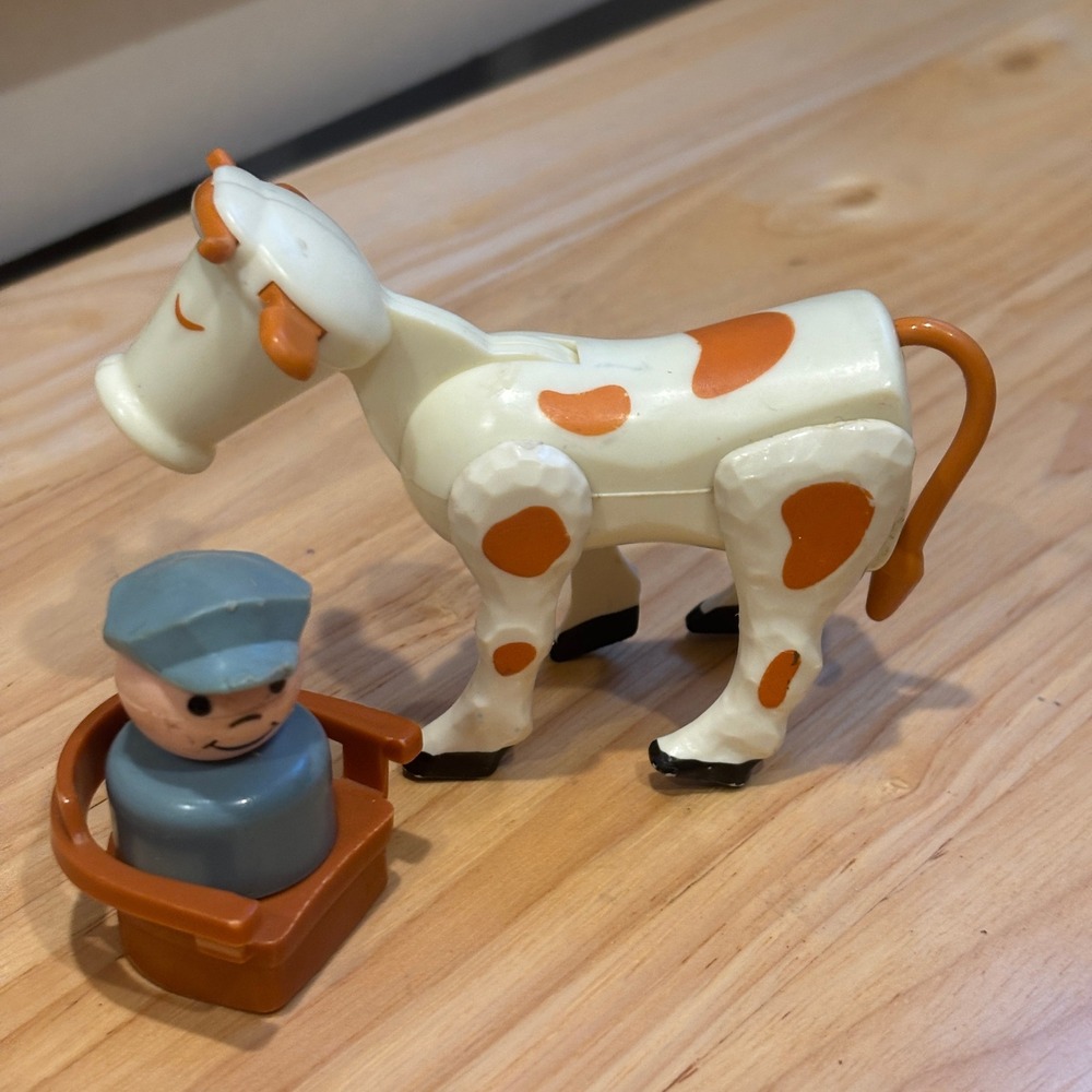 Vintage Fisher Price Little People Cow Figure Blue Farmer Mailman and Seat Lot